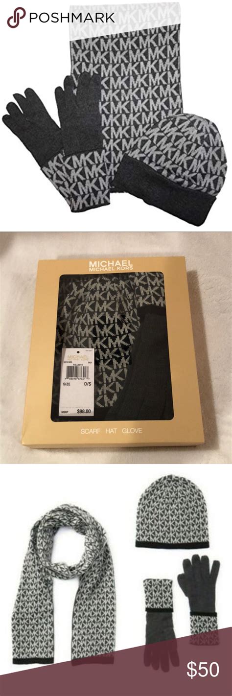 michael kors mk logo black hat scarf gloves set|Michael Kors logo hat scarf gloves set black .